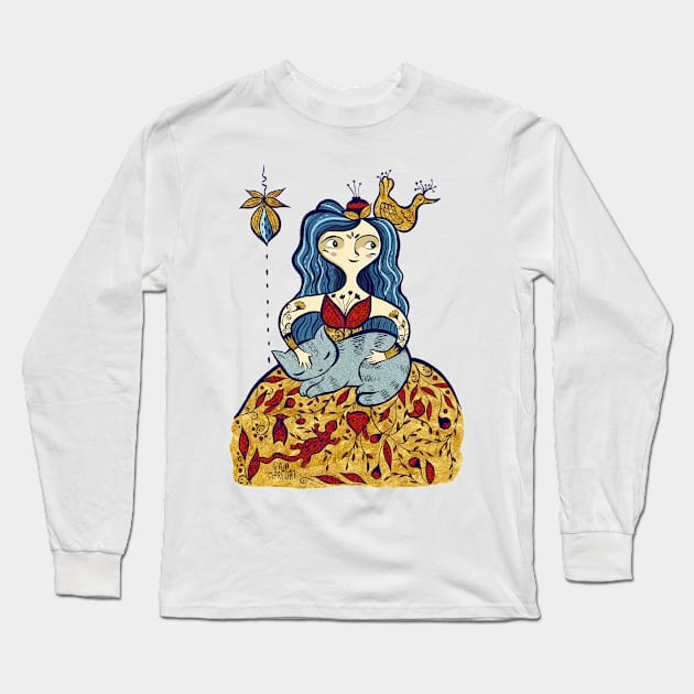 Whimsical Lady with cat Long Sleeve T-Shirt by Gaiamarfurt